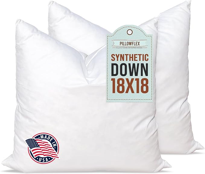 Pillowflex Synthetic Down Pillow Insert 18x18 in - Karate Chop Pillow | Set of 2 - Small Square Sham Forms, Plush Polyester Cotton Blend, Cloud-Like Comfort, Clump-Resistant Fill, Smooth Finish