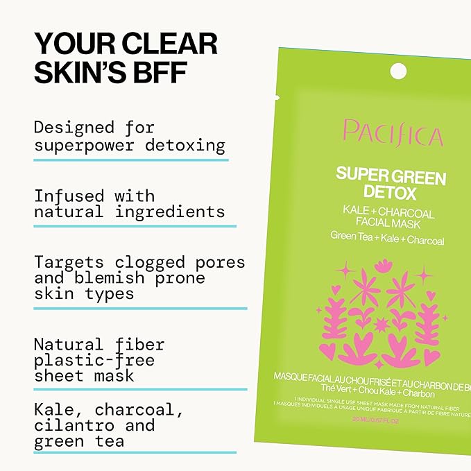 Pacifica Super Green Detox Sheet Mask – 12-PACK Charcoal, Kale & Clay Pore Cleansing Mask for Oily, Blemish-Prone Skin, Deep Detox Facial Mask, Vegan