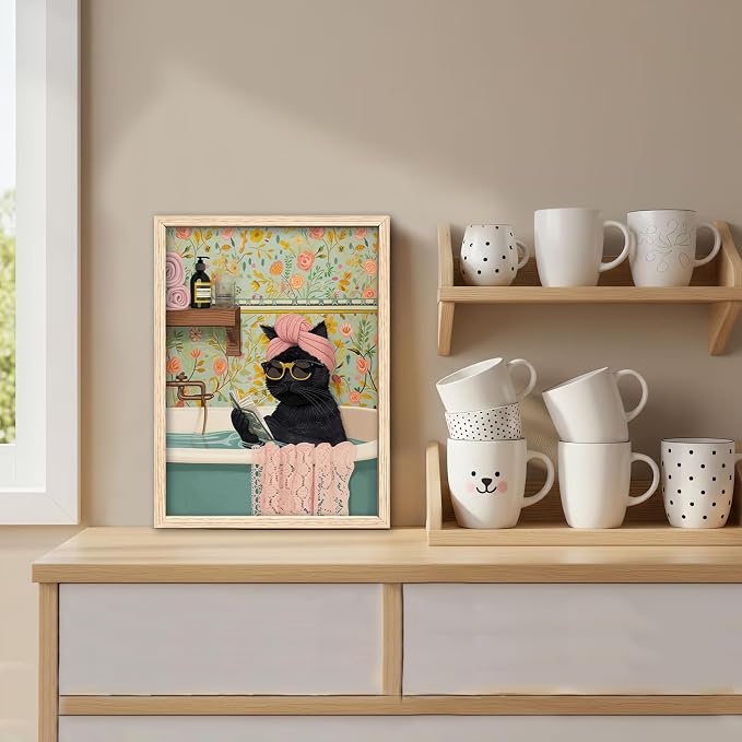 ICHZUMW Framed Funny Black Cat in Bathtub Canvas Bathroom Wall Art 12x16 In | Humorous Cat Wearing Sunglasses Reading Book, Girly Pink Dopamine Bathroom Wall Decor, Restroom Powder Room, Ready to Hang