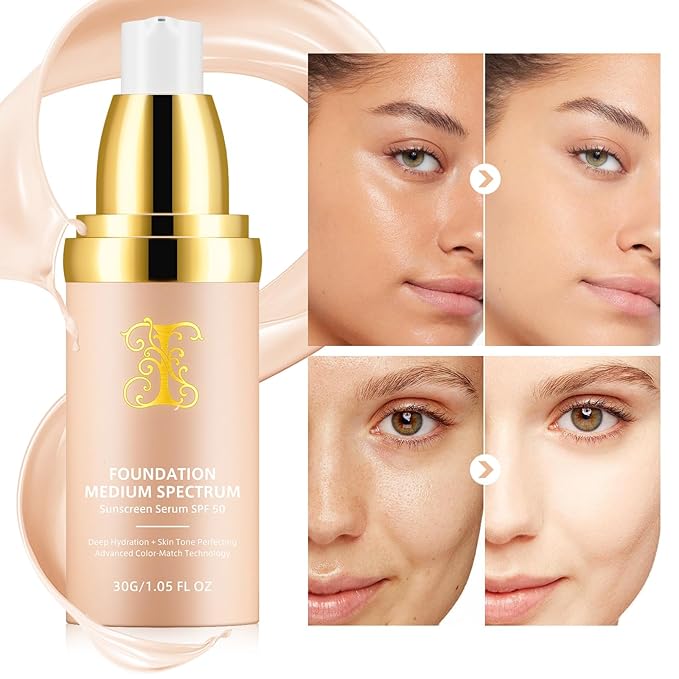 Foundation 4 in 1 - Medium Spectrum with SPF 50+, Anti-Aging, Concealer, Sun Protection, Hydrating Color Changing Foundation Makeup Liquid - Longwearing & Waterproof for Sport, Dancing (2PC, SPF50)
