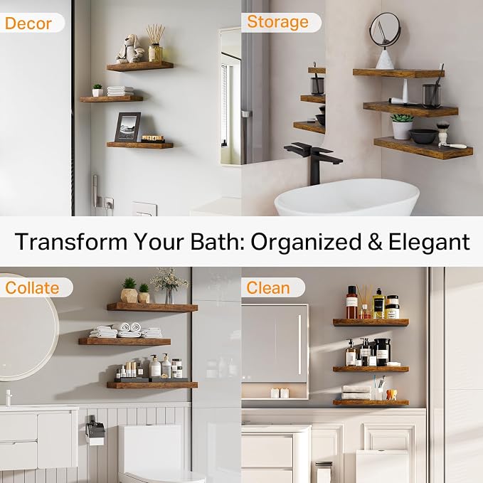 BAYKA Rustic Brown Bathroom Floating Shelves, 15.7in, 3Pk, Wall Mount Shelf | 22lbs Max Load, Hidden Bracket, for Living Room Bedroom Kitchen Display Storage Decor, Easy Install, Multi-Wall Compatible