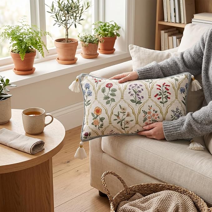 Designer Vintage Linen Throw Pillow Cover,28"x12"-Serenity B | French Elegant Rectangle Decor Pillow Cover,Concealed Zipper Design,Colorful Floral Pattern,Sofa,Bedroom,Living Room,Chair
