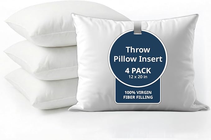 LANE LINEN 12x20 Throw Pillow Inserts Set of 4, Oblong, Fluffy - White | Traditional Solid Pillow Inserts For Lumbar Back Support - Indoor Home Decor Use, Fluffy Down Alternative Fill, Vacuum Packed