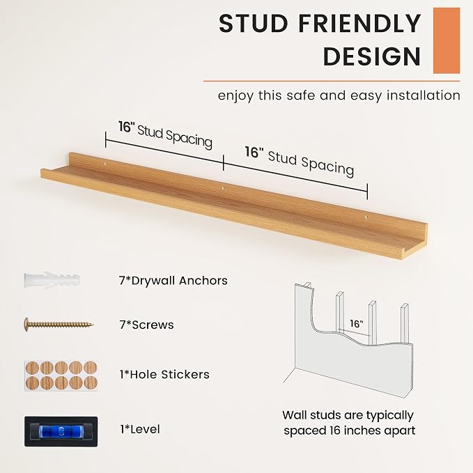 Picture Ledge Shelf, Floating Shelves for Wall, 44" W Set of 2, Oak | FSC Certified Engineered Wood, Wall Mounted Bookshelf, for Nursery Living Room Bedroom, Pre-Drilled, Easy Install
