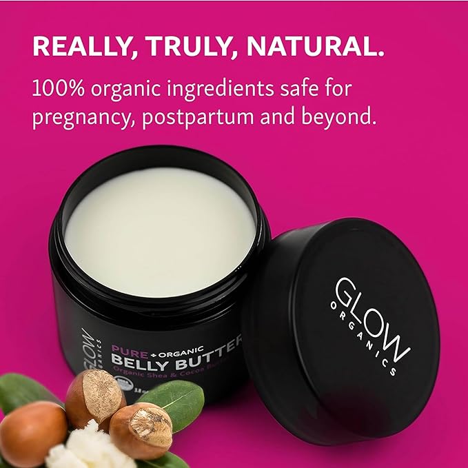 Glow Organics Belly Butter for Pregnancy, 100% Organic Stretch Mark Cream, Maternity Skincare for Itchy Skin & Scars, Safe Daily Ritual for Moms, 3.8oz