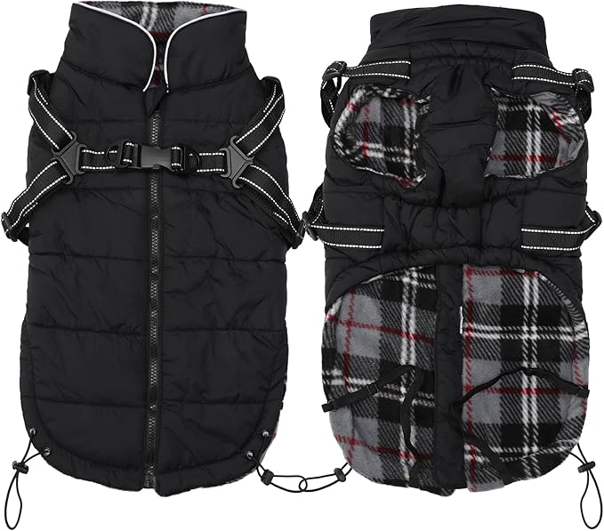 Geyecete Winter Warm Coat Waterproof Jacket with Harness Traction Belt,Pet Outdoor Jacket for Medium, Small Dogs - Black