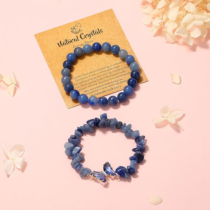 DUQGUHO 2Pcs Butterfly Bracelets for Women Healing Crystals Bracelets for Women Natural Gemstone Bead Bracelet Cute Butterfly Charm Bracelet Stretch 8mm Crystal Jewelry Gifts for Women