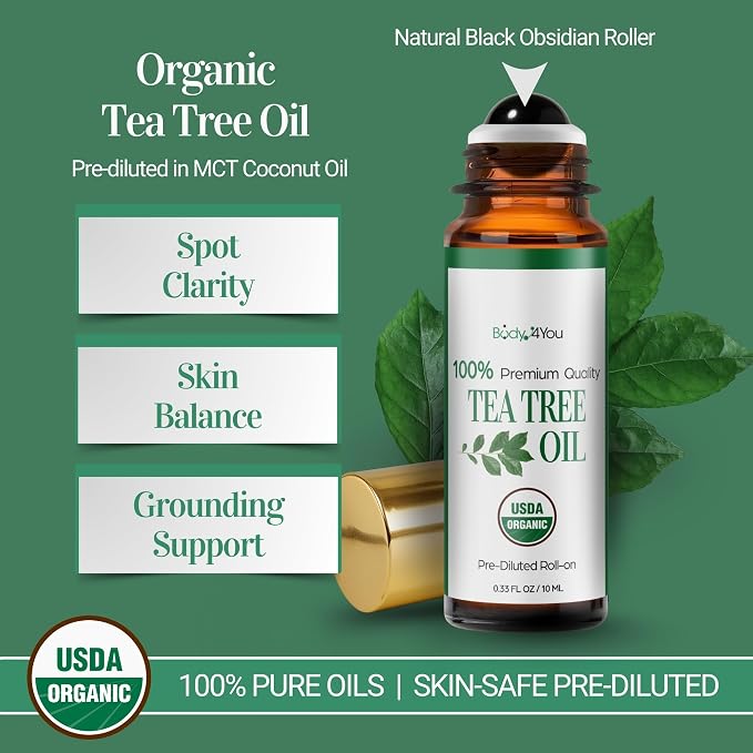 Tea Tree Essential Oil Roll On for Acne Blemish Clear Skin Care - 100% Pure USDA Organic MCT Coconut Oil - Face Body Nail Cuticle Purifying Fresh Skin Care Cleansing - Gemstone Roller 10ml Travel Size