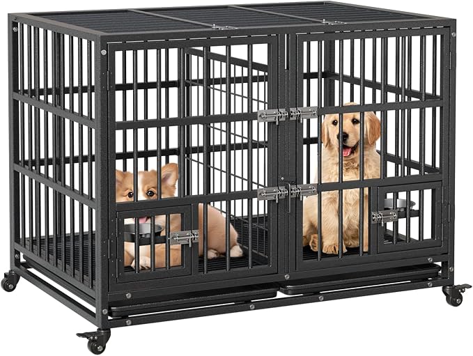 42 Inches Heavy Duty Dog Crate, Large Metal Dog Kennel with Flexible Divider, 2 Door, Feeding Bowls, Dog Cage House with Removable Tray and Wheels for Small Medium Large Pets