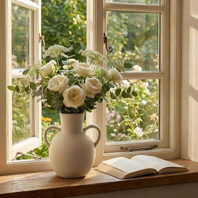SIDUCAL Rustic Ceramic Farmhouse Flower Vase with 2 Handles, Terracotta Vase, Decorative Pottery Flower for Home Decor, Table, Wedding, Living Room, Shelf Decor, 7.3 Inch, White