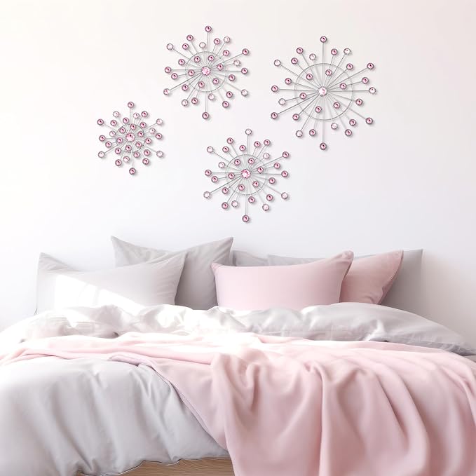 Blulu 4 Pcs Pink Metal Wall Decor Bling Crystal Wall Art Cast Iron Rhinestones Sunburst Decor Starburst Art Hanging Diamond Accents Decorative for Living Room Bedroom Entryway