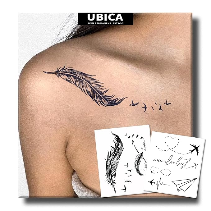 2 Sheets Long Lasting Feather Temporary Fake Tattoos For Women Arm Hand Neck,Airplane heart Semi Permanent Tattoo For Adults Girl,Realistic, Waterproof and Non-Reflective,Minimalist Design