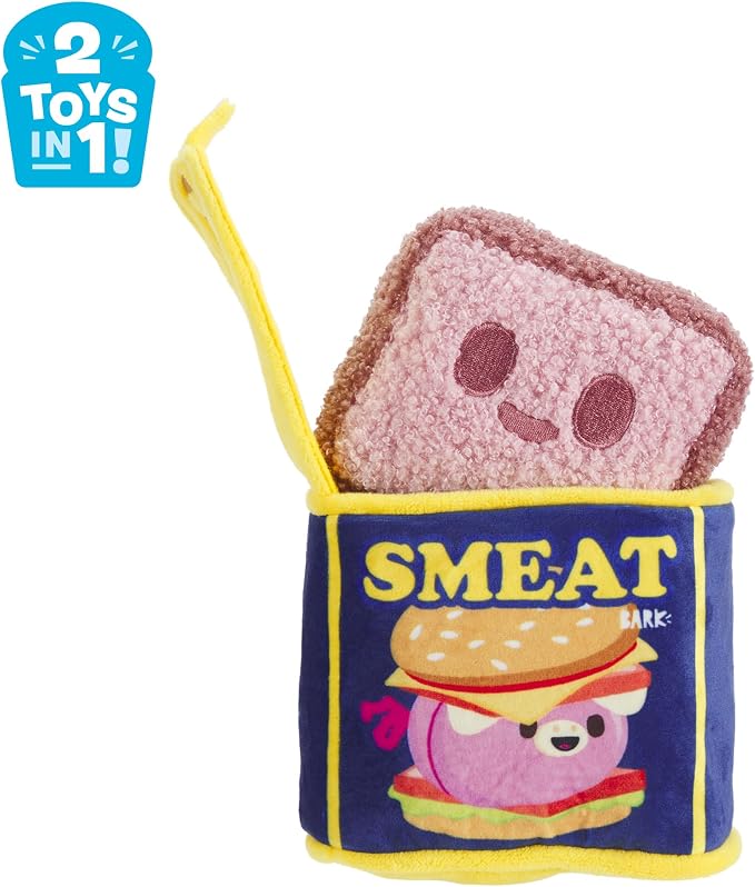 BarkBox Canned Smeat Dog Toy - 2-in-1 - Toy for Extra Small to Small Dogs | Plush Set with 2 Squeakers & Crinkle | Multi-Part Squeak