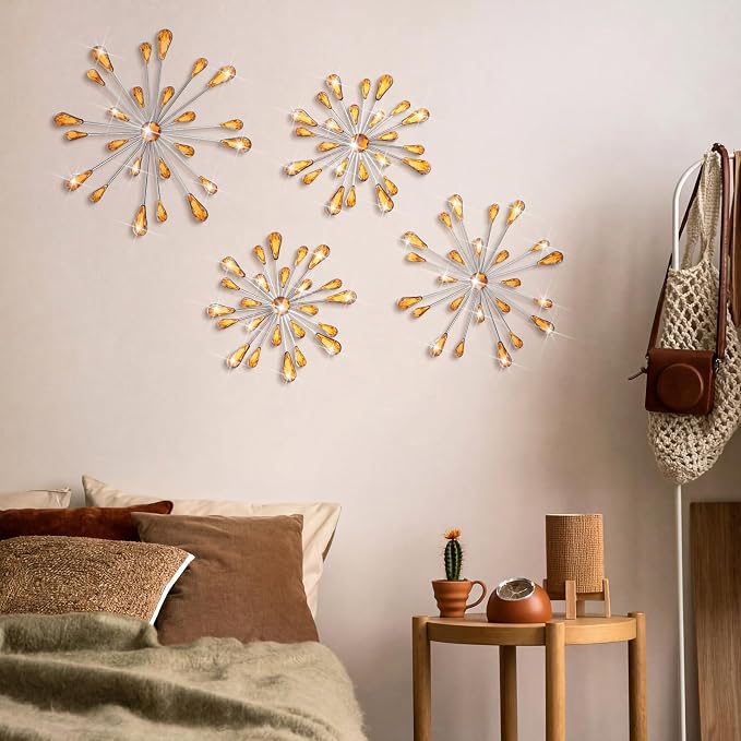 Hicarer 4 Pcs Starburst Wall Decor Bling Wall Art Crystal Teardrop 3D Hanging Rhinestone Radial Metal Artwork Modern Accent Sculptures Decorations for Living Room Home Office Bedroom(Amber)