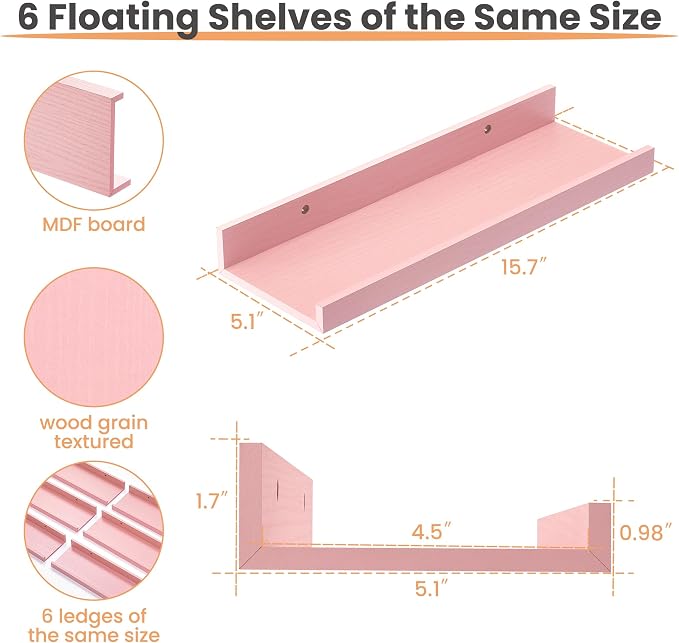 upsimples Floating Shelves for Wall Decor and Storage, Pink, 6Pcs 15.7'' | Wall Mounted Wood Shelves for Living Room, Bedroom, Bathroom, Kitchen, Office, Laundry Room Display and Organize