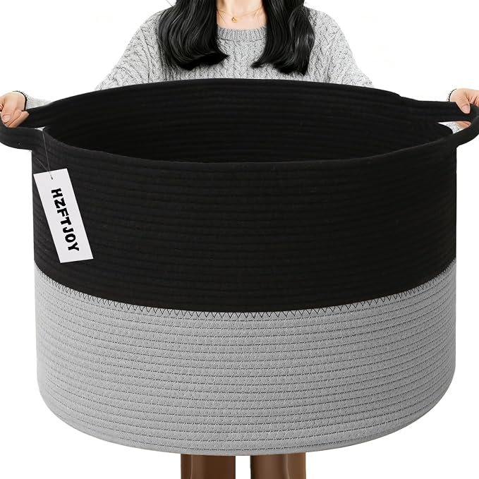 115L Large Blanket Basket,Woven Laundry Basket-Black&Light Grey | Collapsible, reinforced handles, nursery storage bin organizes clothes, toys and pillows for living room, bedroom bathroom