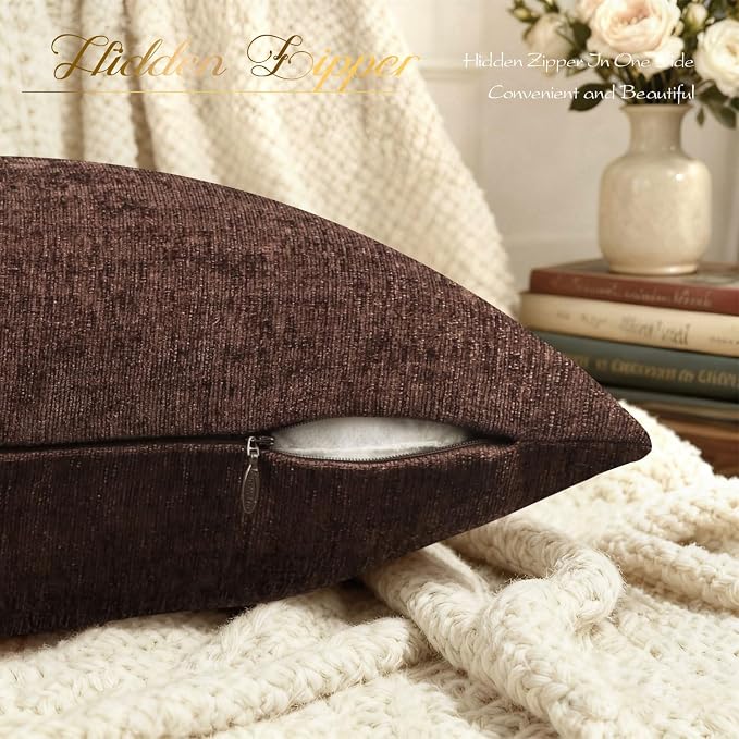 BRAWARM Throw Pillow Covers 22x22 Inches - Coffee Chenille Pillow Covers Pack of 2, Solid Dyed Soft Chenille Pillow Cases for Couch Sofa Bed Home Decoration