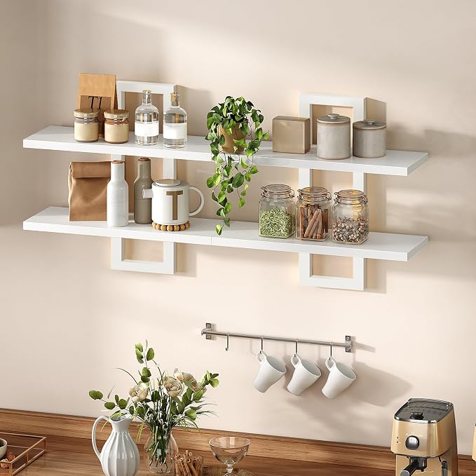 HOOBRO Floating Shelves, 15 Inch Wall Shelf Set of 2, Wall Mounted Storage Shelves 2-Tier, Hanging Bathroom Shelves, for Living Room, Bedroom, Bathroom, Kitchen, White WW32BJ01
