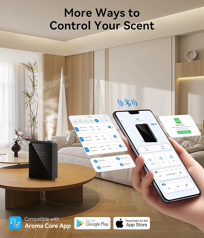 Essential Oil Diffuser - HVAC System, 5500 Sq.Ft Waterless Diffuser, Whole House & Aromatherapy Diffuser, Oil Diffuser for Office Home Large Room, WiFi & Bluetooth App Control, Jet Black
