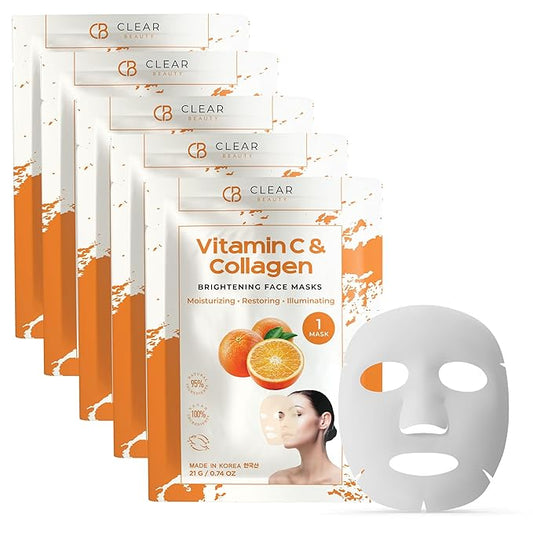 Clear Beauty Vitamin C & Collagen Face Mask - Dermatologist Tested - Diminishes Fine Lines & Wrinkles, Anti-Aging, Natural Ingredients, Cruelty-Free Korean Skin Care - All Skin Types