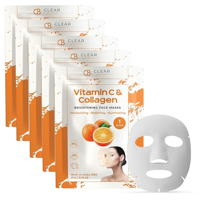 Clear Beauty Vitamin C & Collagen Face Mask - Dermatologist Tested, Diminishes Fine Lines & Wrinkles, Anti-Aging, Natural Ingredients Cruelty-Free Korean Skin Care, All Skin Types - 4 Pack