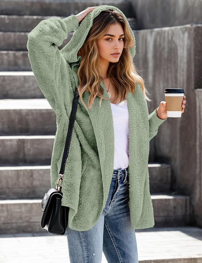 Zilcremo Women Hooded Cardigan Fuzzy Jacket Winter Open Front Fleece Coat Outwear with Pockets