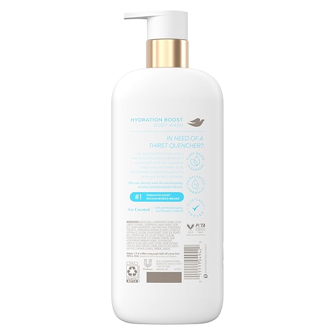 Dove Serum Body Wash Hydration Boost actively drenches dry skin with Hyaluronic Acid Serum 18.5 Fl Oz (Pack of 4)