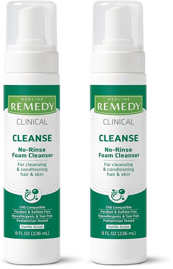 Medline Remedy Phytoplex Hydrating Cleansing Foam, No-Rinse Body Wash and Shampoo, Paraben and Sulfate-Free, 8 fl oz (Pack of 2)