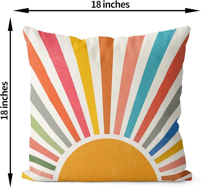 Summer Pillow Covers 18x18 Set of 2 Colorful Stripes Yellow Sunshine Throw Pillows Outdoor Boho Rainbow Sun Decorative Pillow Cases Linen Modern Farmhouse Cushion Case for Home Bedroom Decor