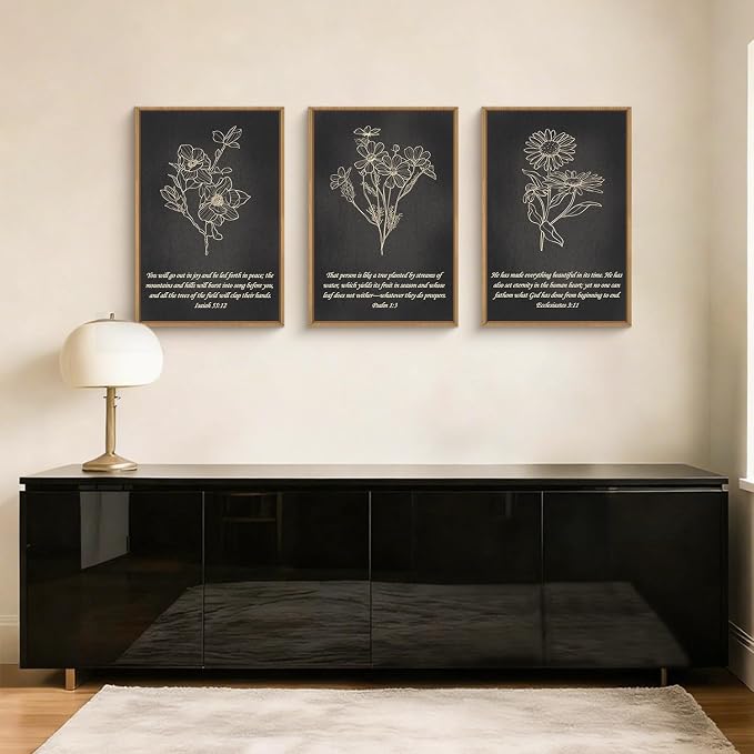 FWIEXA Black Christian Bible Verse Canvas Wall Art Set of 3, Easter Minimalist Scripture Wall Decor, Religious Beige Abstract Floral Painting, 16x24In Vintage Artwork for Living Room,Bedroom,Prayer Room