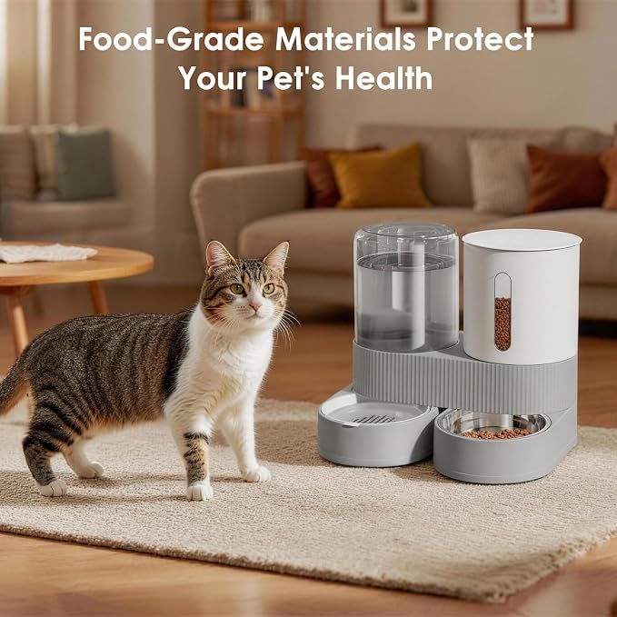 2 in 1 Automatic Gravity Cat Dog Feeder and Water Dispenser with 304 Stainless Steel Bowls, 360 Degree Rotatable Auto Food with 2 Specialized Brushes for Small Medium Pet Dog Puppy Kitten (Gray)