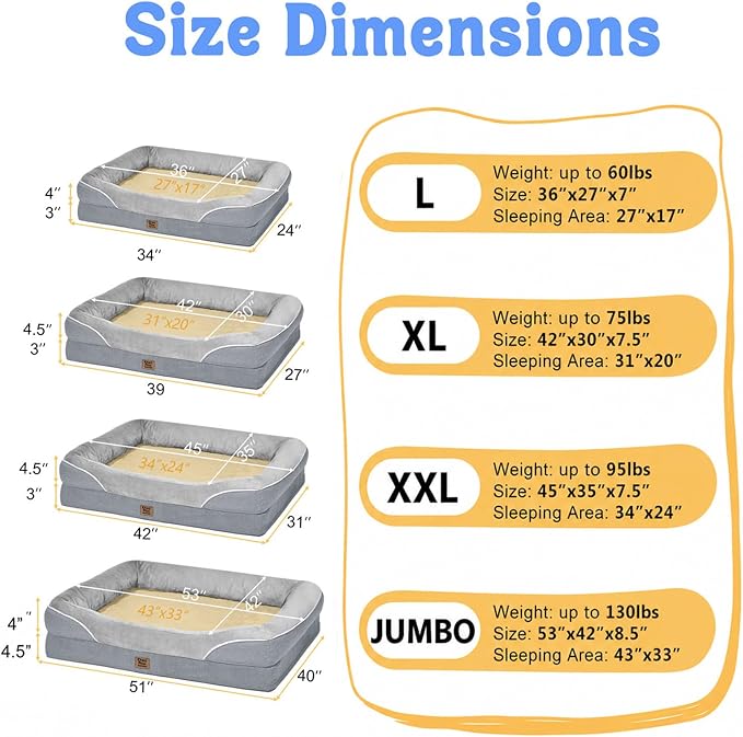 Waterproof Orthopedic XL Dog Bed for Large and Extra Large Dogs | Egg Crate Foam, 4-Sided Bolster Support, Waterproof Liner, Non-Slip Bottom, Machine Washable Cover, 42 x 30 Inch
