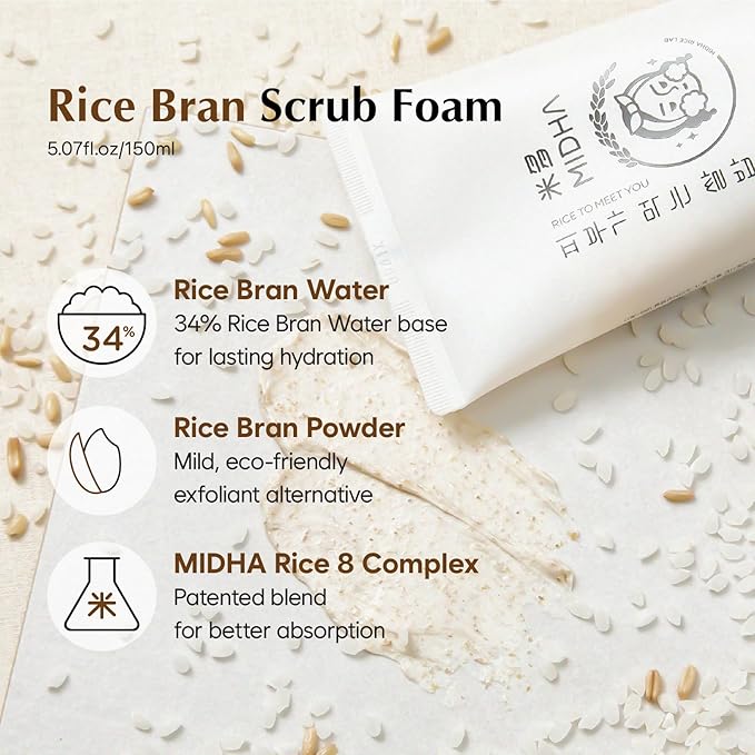 MIDHA RICE BRAN SCRUB FOAM 5.07fl.oz/150ml, Deep Cleansing, Pore-Purifying, Gentle Exfoliating – Soft Micro-Foam Face Wash with Balanced pH & Hydrating, Nourishing Care