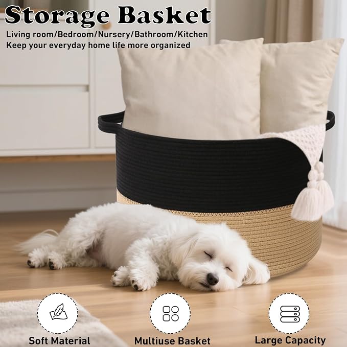 90L Extra Large Blanket Basket,Woven Laundry Basket-Black&Camel | Collapsible, reinforced handles, nursery storage bin organizes clothes, toys and pillows for living room, bedroom bathroom
