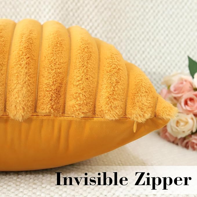 Soleebee Set of 2 Throw Pillow Covers Soft Cozy Velvet Pillowcase Faux Rabbit Fur Cover for Couch Sofa Bed Chair Home Decorative Pillows Cover (22x22 Inch, Mustard Yellow)