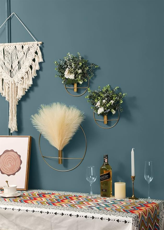 Pretty Jolly Boho Pampas Wall Decor Gold Metal Wall-Mounted Art | Morden Artificial Greenery Display，2 Pack Coffee Hanging Planter For Living Room, Bedroom, Bathroom, Dining room