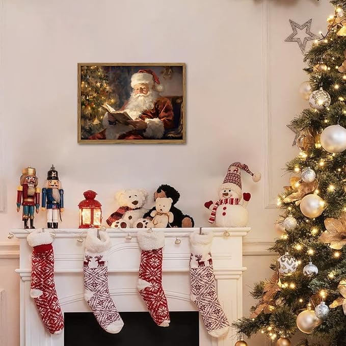 Framed Vintage Christmas Canvas Wall Art, Santa Claus Reading Book Paintings Wall Decor, Rustic Winter Holiday Pictures Prints for Living Room Bedroom Home Decoration 12×16 inch