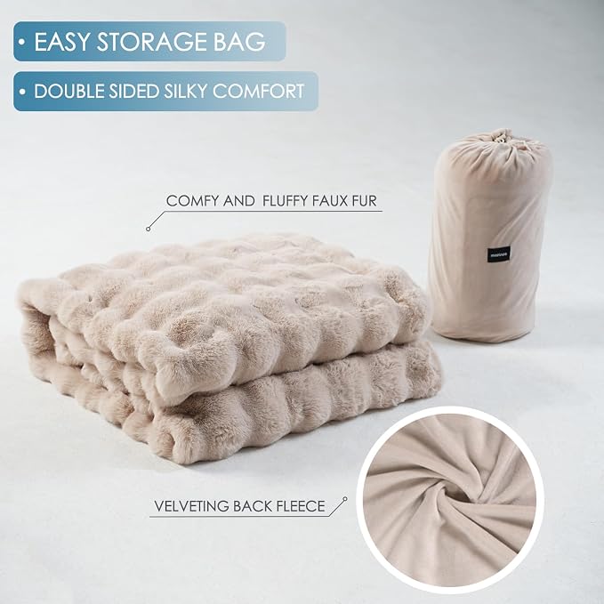Super Comfort Oversized Warm Thick Bubble Luxury Plush Rabbit Faux Fur Throw Blanket, Fluffy Blanket,Soft Cozy Blanket for Couch Chair Bed Sofa Living Room (Wheat, 60inX80in)