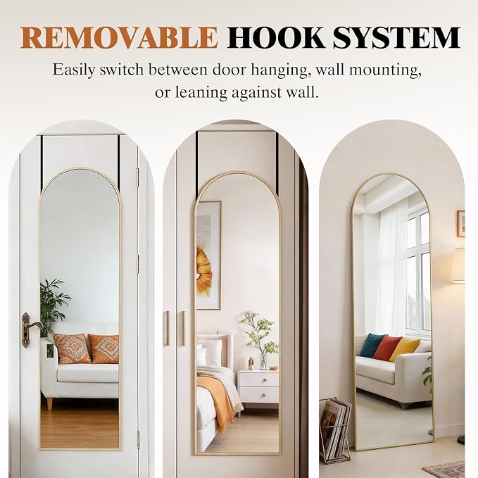 DUMOS Arched Full Length Mirror Over the Door, 47"x14" Wall Mount Mirror | Door Mounted Body Dressing Mirror, Metal Aluminum Alloy Frame, Bedroom Living Room Entryway, Gold