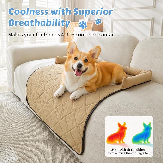 Cooling Dog Bed Mats with Neck & Head Support, 35.43 x31.5 inch Khaki | for Small and Medium Dogs & Cats, Non-Slip, Machine Washable, Protects Sofa from Fur & Scratches