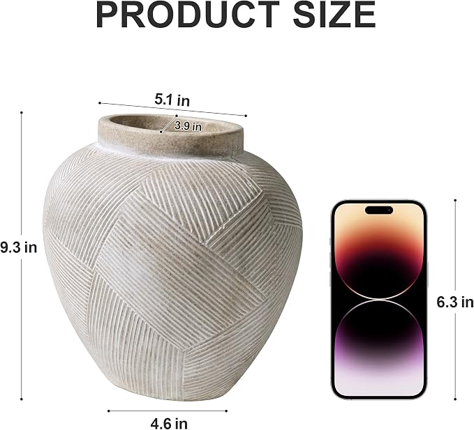 DREAMLOOM 9.3 Inch Flat Ceramic Flower Vase, Cream Grey | Textured, Farmhouse Vintage, Pottery Terracotta, Home Decor, Living Room Dining Table Wedding Centerpieces