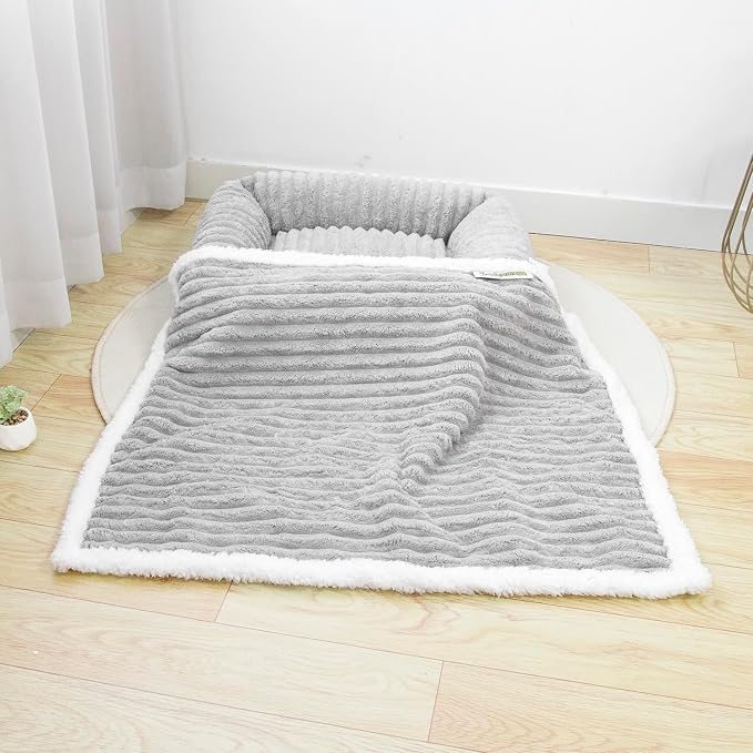 Waterproof Dog Blanket Grey 50x60 in | Soft Pet Cat Blanket Cozy Calming Sherpa Corduroy Fleece Reversible Furniture Bed Protector for Small Dogs Machine Washable