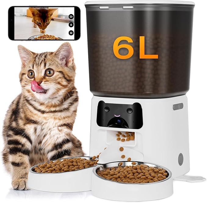 Petrice Automatic Cat Feeder with Camera for 2 Cats, 6L WiFi Smart Pet Feeder with APP Control, 1080P HD Video, Voice Call, Motion Detection, Dual Power Supply, for Dogs Cats, Small-Pet (White, 6L)