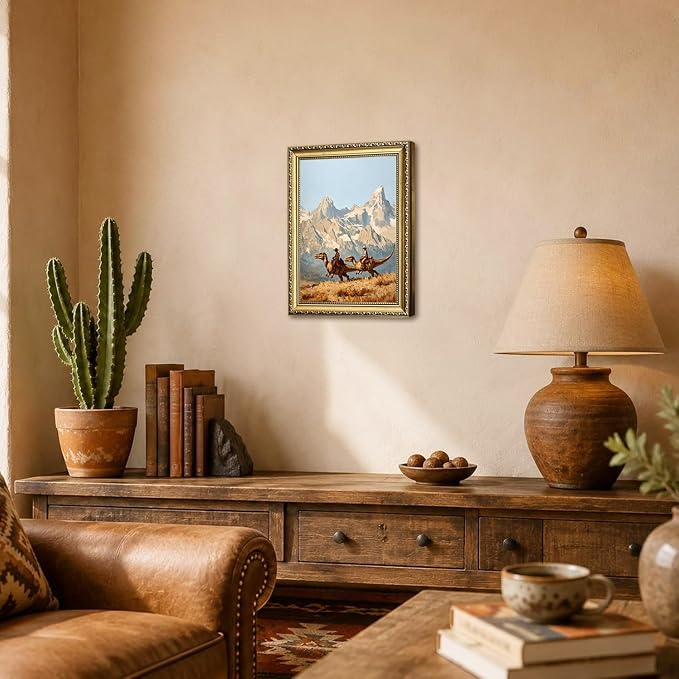 Gold Framed Dinosaur Cowboy Wall Art, Funny Western Cowboy Wall Decor Painting Vintage Southwestern Jurassic Canvas Prints Picture for Living Room Bedroom Farmhouse 12x16 Inch