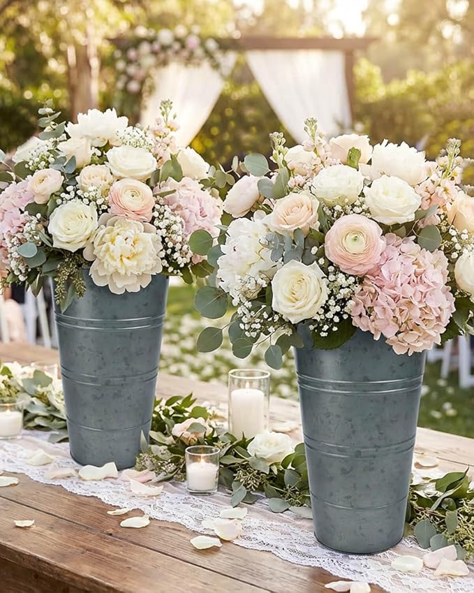 12 Inch Galvanized Metal Vase, 6 Pack Tall Flower Buckets with Handles | Galvanized metal flower buckets with handles, rustic tall vase design for dried flowers, weddings, farmhouse and home decor.