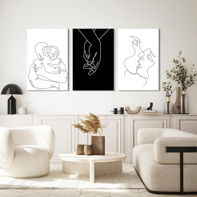 Minimalist Black and White Canvas Wall Art Love Painting for Couples Bedroom Line Drawing Art Poster Prints Framed Artwork Pictures Bathroom Living Room Wall Decor Ready to Hang