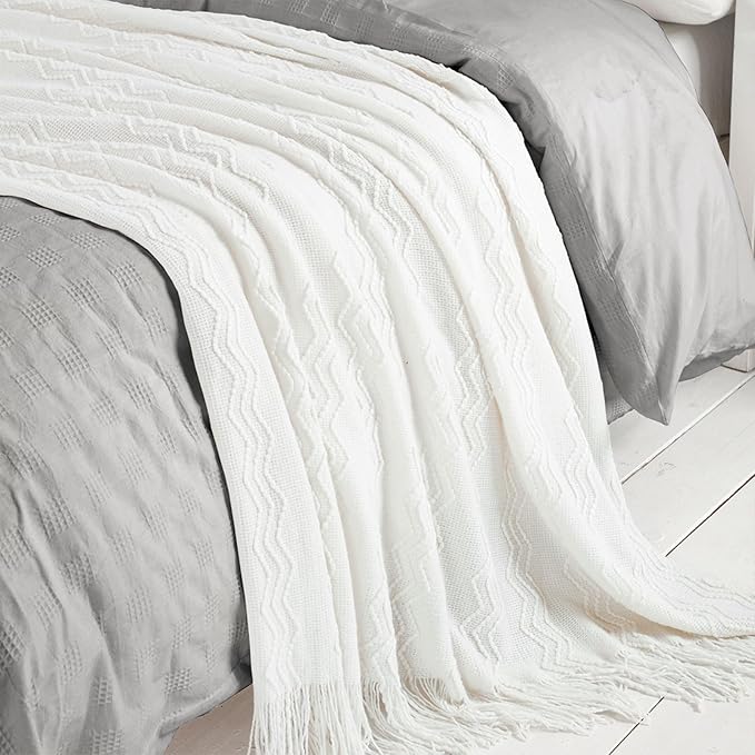 BOURINA Off White Throw Blanket 50x60Inch Boho Knit Soft Throw Sofa Blanket | Knitted Throw Blanket 50x60 Inches, Soft Lightweight Boho Weave Throw Decorative Couch Blanket for Living Room Bedroom Chair