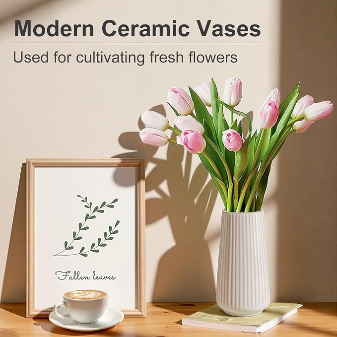 Ceramic Vase, GUKJOB Small Cute Flower Vase for Pampas Grass, Home, Living Room, Dining Table, Farmhouse, Office Decor, Bedroom, Table, and Kitchen Shelf (Yellow Ribbed)