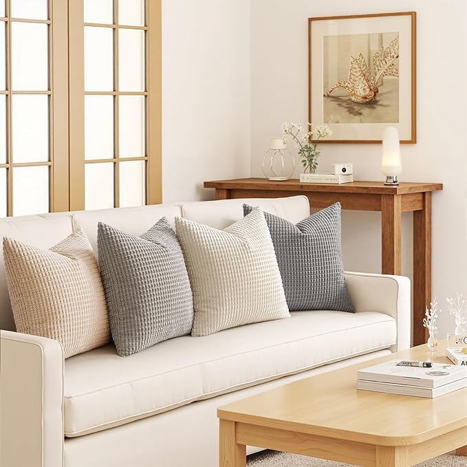 MIULEE Boho Farmhouse Decorative Pillow Covers 18x18 Inch Set of 4 Neutral | Rustic Modern Neutral Home Decor, Couch Throw Pillows, Corduroy Pillowcases for Sofa Living Room Bed