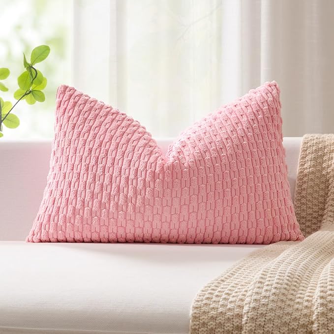 Kevin Textile Soft Corduroy 14"x24" Lumbar Pillow Cover 1 Pack, Pink | Boho Stripe Plush Corduroy Decorative Oblong Cushion Cover Modern Farmhouse Home Decor for Sofa Couch Bed Chair